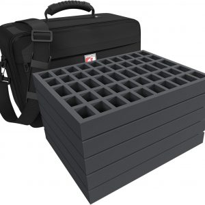 Sleek black maxi bag—perfect for your tabletop obsessions. It’s got five foam compartments, each cradling your miniatures with a gentle grip. Up to 250 of them, can you believe it? Transport them securely, in style, of course. Perfect for the serious gamer or the weekend enthusiast.