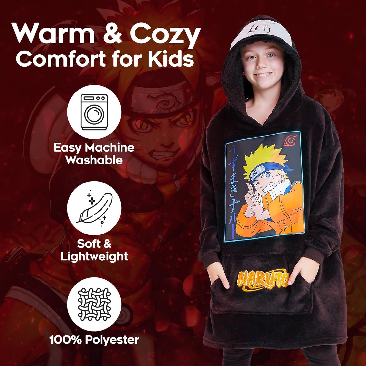 Naruto Oversized Hoodie Blanket for Kids, Anime Hoodie for Boys (Black) - Image 7