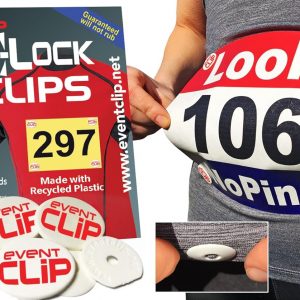 Set of four round Event Clips in white—perfect for pinning on race bibs. No more ripped clothes, just easy attachment. Keep your outfit intact while you focus on the finish line!