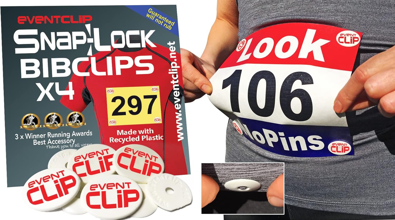 Set of four round Event Clips in white—perfect for pinning on race bibs. No more ripped clothes, just easy attachment. Keep your outfit intact while you focus on the finish line!