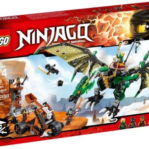 A striking NRG Dragon model from LEGO Ninjago, vivid colours demand attention—detailed scales, fierce expression. It's all set on a flat surface, scattered building pieces hint at epic battles to come.