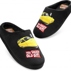 Only Fools and Horses slippers—bright yellow, they pop like a ray of sunshine, adorned with that classic logo. Perfect for lounging or maybe just to make a statement, right?