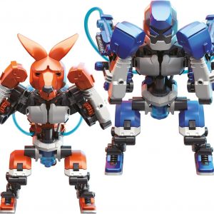 A vibrant DIY hydraulic boxing robot kit—lots of bits and pieces just waiting to be put together. The different components spill out like a rainbow on a crisp white backdrop. Perfect for budding engineers or just anyone who loves a good challenge!