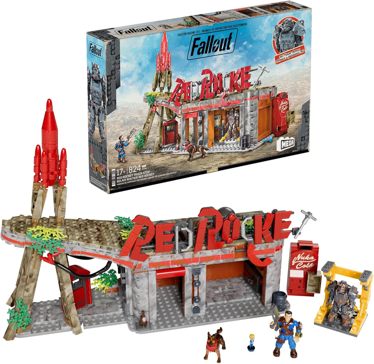 A set of action figures from Fallout—check out the Vault Dweller and Raider, both super detailed. They're chilling against a rad Red Rocket Truck Stop backdrop that really brings the vibe. Perfect for collectors or any fan of the game.