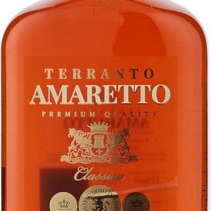 A bottle of Amaretto Terranto—its curved silhouette catches the eye. The gold label gleams against the warm wood. Perfect for sipping or mixing, it’s a real showstopper on any shelf.