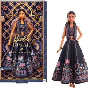 Diwali Barbie—dressed in a stunning lehenga by Anita Dongre. Seriously, the details are wild! Bright colours pop against this festive scene, making it a real showstopper. Perfect for celebrations or just to admire.