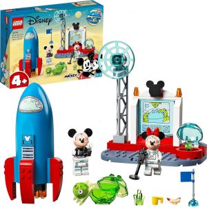 A vibrant LEGO set showcasing Mickey and Minnie Mouse minifigures, complete with a whimsical rocket ship—various building bits scattered around, on a bright white backdrop, perfect for igniting creativity.