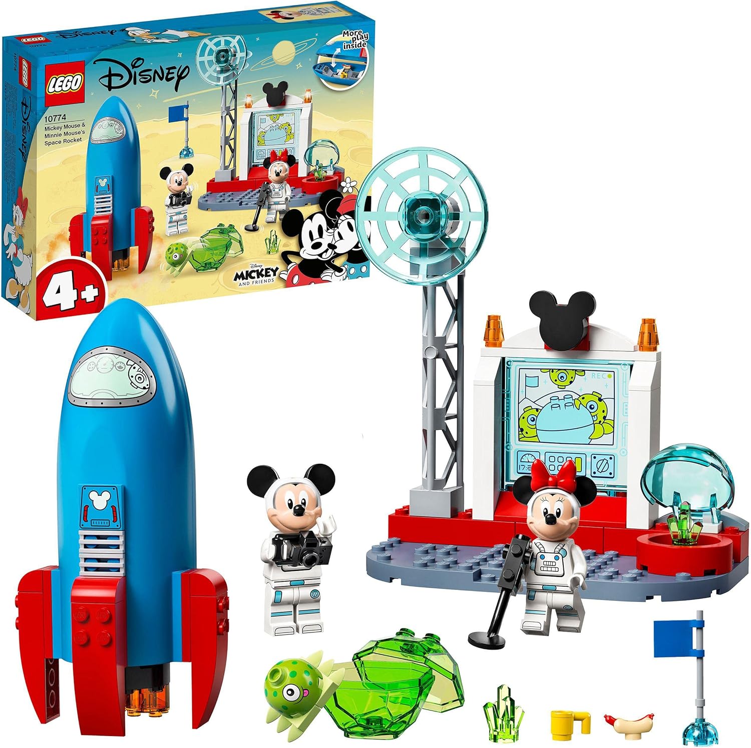 A vibrant LEGO set showcasing Mickey and Minnie Mouse minifigures, complete with a whimsical rocket ship—various building bits scattered around, on a bright white backdrop, perfect for igniting creativity.