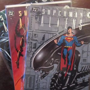 Superman action figure stands strong, surrounded by a bunch of funky alien characters—bright colours pop against a swirling cosmic backdrop. It’s like a wild space party!