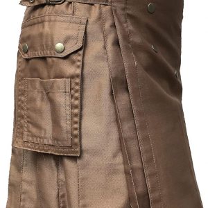 A beige kilt—it's got that timeless tartan pattern, pleats waving like they mean business, resting on a rustic wooden surface. Such vibes, right?