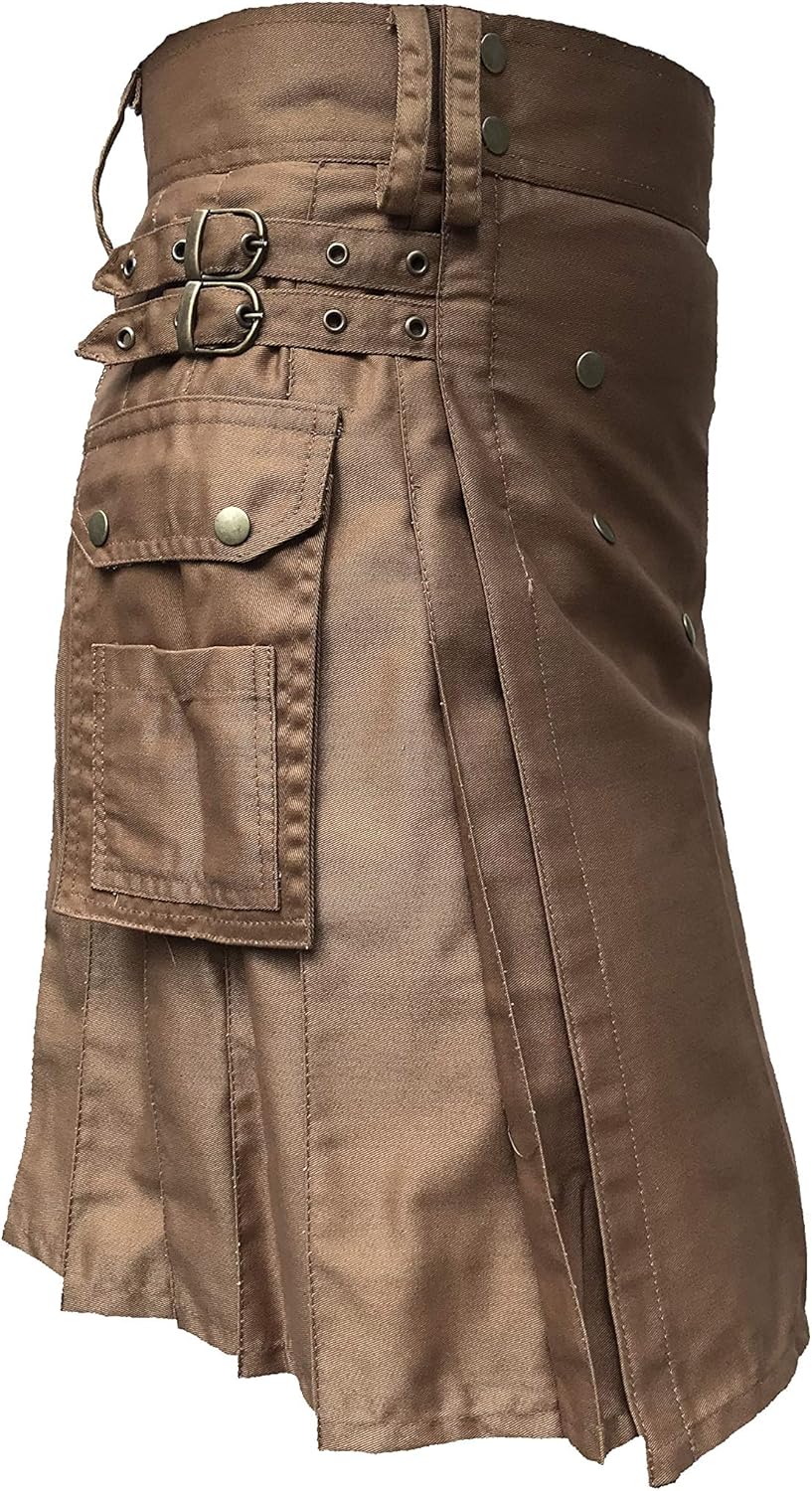 A beige kilt—it's got that timeless tartan pattern, pleats waving like they mean business, resting on a rustic wooden surface. Such vibes, right?