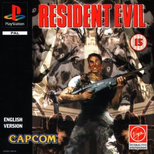 Cover art for Resident Evil on PS1—there’s the classic logo, bold and unmistakable. A creepy mansion looms in the background, and wow, that character upfront really captures the tension—like something’s about to go down.