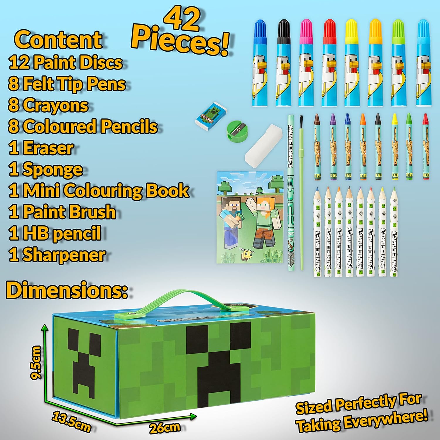 Minecraft Art Supplies Set with Colouring Pencils Felt Tip Pens Watercolour Paints Wax Crayons for Drawing Painting Set Creeper Travel Art Set Gamer Gifts - Image 6