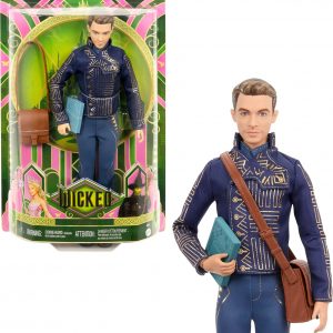 Fiyero doll, all decked out in a navy blue jacket—those gold patterns? They really pop. Just chilling against a plain backdrop.