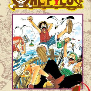 Cover art for "One Piece" volume one—shows Monkey D. Luffy in his iconic straw hat. The colours pop, really jump out at ya, and the design has this wild, action vibe. It's like he’s about to set sail on an epic adventure!