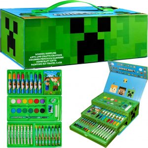 Minecraft colouring set stacked in a quirky 3-tier carry case—it's bursting with watercolour paint disks, vibrant markers, fun crayons, and pencils galore. Oh, and don't forget the paintbrush and an adorable mini colouring book tucked inside! Perfect for creative adventures.