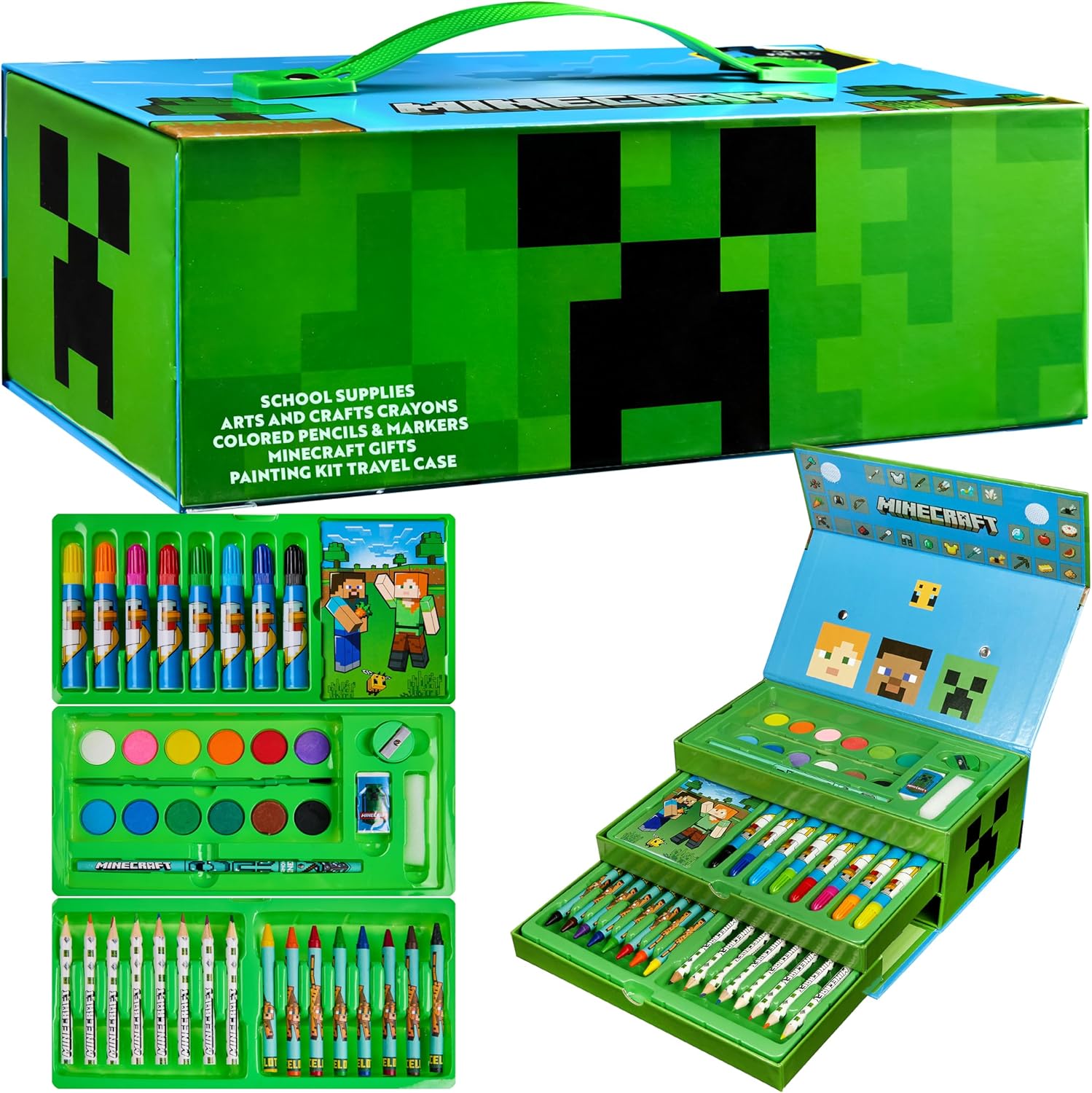 Minecraft colouring set stacked in a quirky 3-tier carry case—it's bursting with watercolour paint disks, vibrant markers, fun crayons, and pencils galore. Oh, and don't forget the paintbrush and an adorable mini colouring book tucked inside! Perfect for creative adventures.