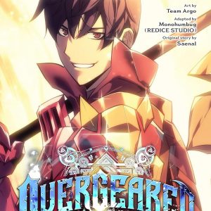 Cover art of the Overgeared manga — the main character leaps into action, surrounded by an explosion of fantasy elements. The colours pop, almost jumping off the page. Bold typography slices through the scene, demanding attention. It's easy to get lost in this vibrant world, feeling the excitement.