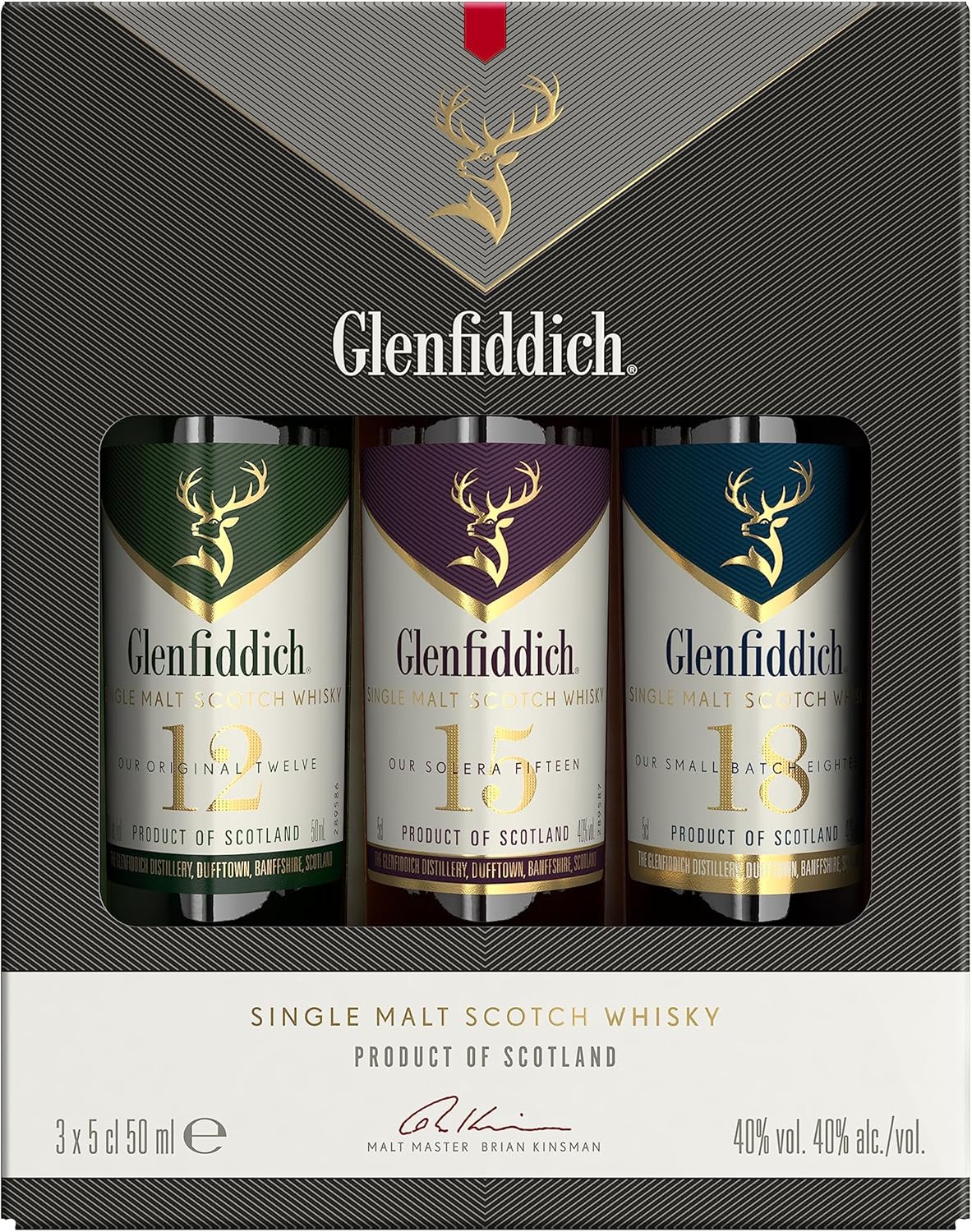 Glenfiddich Miniature whisky gift set—three 50ml bottles of Glenfiddich 12, 15, and 18 Year Old. Sleek box, classy vibe, perfect for whisky lovers or those who just wanna taste a bit of everything. Ideal for gifting, or keeping for yourself. A real treat!