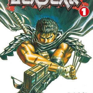 Cover of "Berserk" manga—Guts stands fierce, sword raised high, ready to battle. The dark, moody backdrop adds a chilling vibe, hinting at the brutal journey ahead. A striking and intense image, really gets the blood pumping.