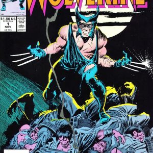 Classic Wolverine action figure, looking fierce—claws at the ready. Check out that facial expression! Iconic yellow and blue outfit, totally captures the vibe. Dynamic pose, just the right amount of attitude. Perfect for any fan, seriously.